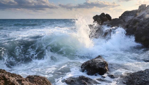 Dynamic ocean waves crashing on rocky shore