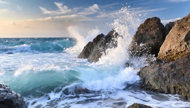 Dramatic seascape with crashing waves on rocky shore