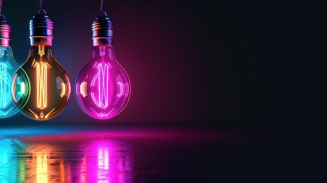 Colorful light bulbs lined up on dark background