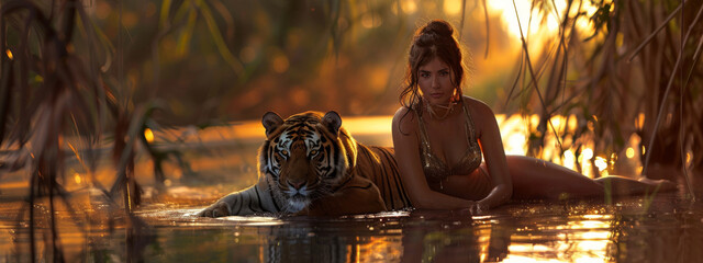 A fantasy female woman with a tiger in a minimal bikini costume. Futuristic portrait of a beautiful amazonian woman. attractive black woman hugging a tiger coexistence, the potential for cooperation