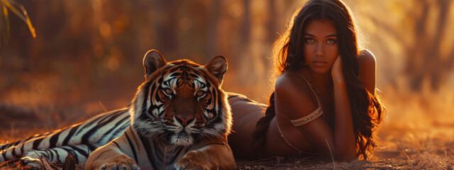A fantasy female woman with a tiger in a minimal bikini costume. Futuristic portrait of a beautiful amazonian woman. attractive black woman hugging a tiger coexistence, the potential for cooperation