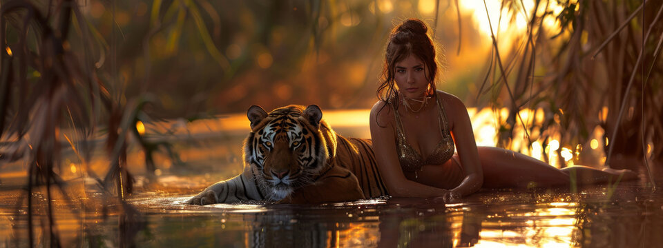 A fantasy female woman with a tiger in a minimal bikini costume. Futuristic portrait of a beautiful amazonian woman. attractive black woman hugging a tiger coexistence, the potential for cooperation