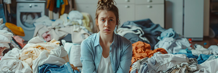 Obraz premium woman is sitting on the floor. there are a lot of messy laundry placed all over the room and around her. Her face impression is fed up