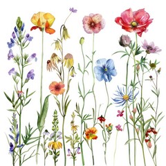 A beautiful collection of various watercolor flowers gracefully depicted with vibrant colors and exquisite details against a white background, showcasing artistic flair and botanical beauty