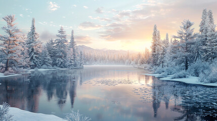 A realistic HD view capturing the essence of a cold season outdoors landscape, featuring a lake surrounded by frost-covered trees in a forest covered with ice and snow at sunrise.