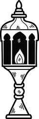 A black and white drawing of a lantern with a flame inside