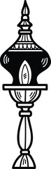 A black and white drawing of a lantern with a flame inside