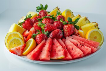A vibrant display of ripe strawberries, watermelon, pineapple, and lemon on a white plate.