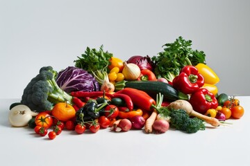 A vibrant mix of colorful vegetables spilling onto a white surface.