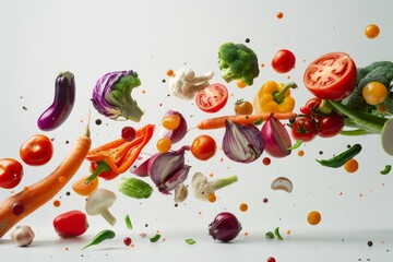 A vibrant mix of colorful vegetables spilling onto a white surface, including tomatoes, bell peppers, carrots, and more.