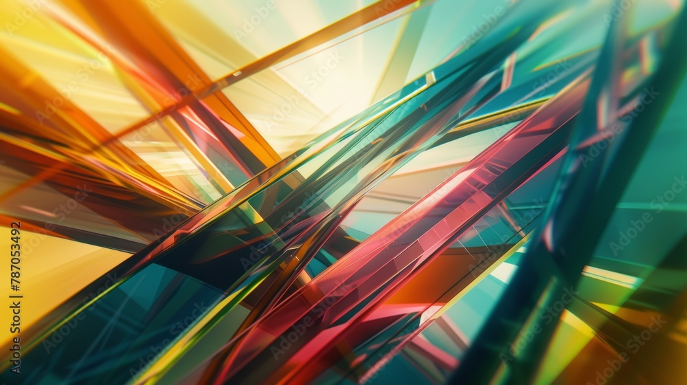 Poster a dynamic composition of intersecting lines and planes in vibrant colors, creating a sense of moveme