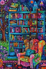 Vibrant whimsical painting of a reading nook