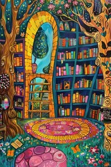 Colorful fantasy library with whimsical decor