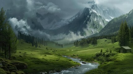 Fototapeta na wymiar Beautiful Mountains Landscape In Switzerland With River Stream Landscape Wallpaper