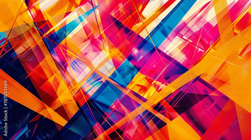 Poster a dynamic composition of intersecting lines and planes in vibrant colors, creating a sense of moveme