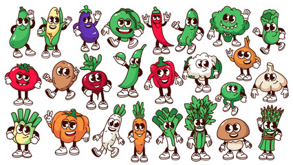 Groovy cartoon vegetable characters set. Funny retro positive personages walking to healthy dinner, happy vitamin vegetables mascots, cartoon emoji and stickers of 70s 80s style vector illustration