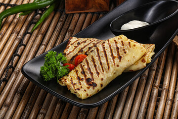 homemade stuffed pancake with meat