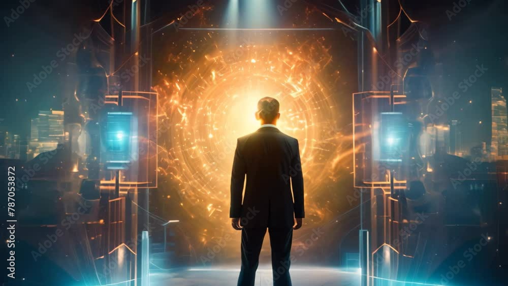 Poster back view of young businessman standing in futuristic space with hud interface on background, a busi