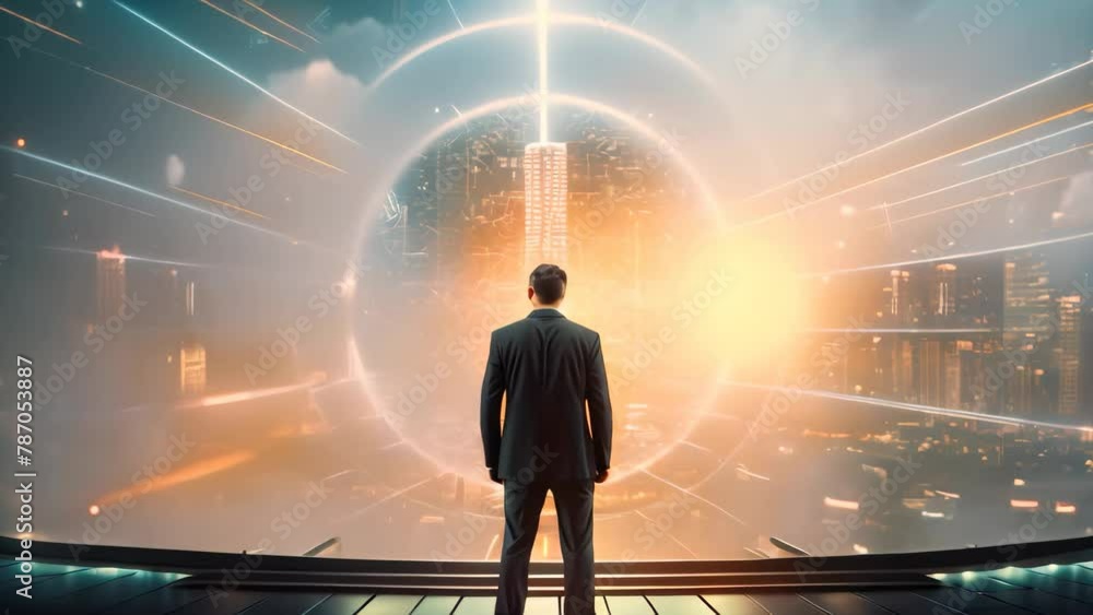Poster rear view of businessman looking at glowing circle in space. future and technology concept, a busine