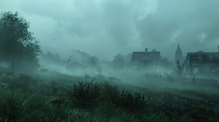 Misty haunted village scene with eerie atmosphere