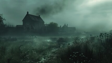 A serene yet eerie depiction of an old countryside house enveloped in thick fog, with subtle hints of vegetation and a path leading towards the unknown - obrazy, fototapety, plakaty