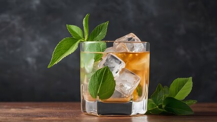 Frosty iced tea complete with ice cubes and leaves