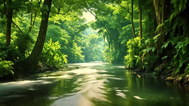 A peaceful river meandering through a lush, vibrant green forest, creating a tranquil and picturesque scene., River in rainforest