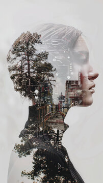 Modern technology and the brain intertwine encircled in a dance of double exposure beauty