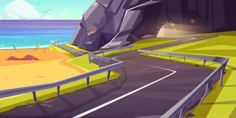 Naklejka premium Winding asphalt road over cliff on sea or ocean shore leading to tunnel in rocky mountain. Cartoon vector illustration of summer or spring seascape with danger serpentine highway near stone hill.