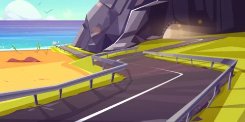Fotobehang Winding asphalt road over cliff on sea or ocean shore leading to tunnel in rocky mountain. Cartoon vector illustration of summer or spring seascape with danger serpentine highway near stone hill. © klyaksun