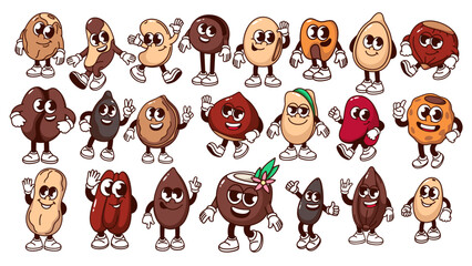 Groovy cartoon nut, bean and seed characters set. Funny retro happy nuts mascots, cartoon stickers of cashew chestnut hazelnut almond coffee coconut walnut macadamia 70s 80s style vector illustration