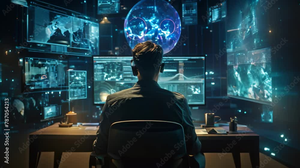 Poster back view of young businessman sitting at table in office and looking at hologram screens, a softwar