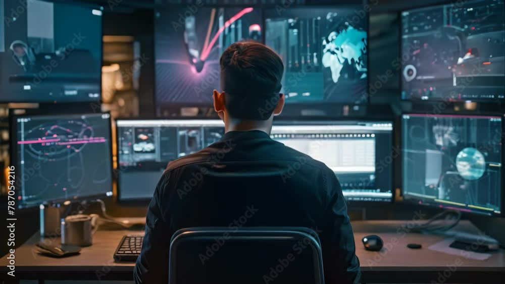 Poster back view of young businessman sitting at desk in front of computer monitors, a software engineer en
