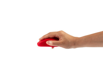 Modern computer red mouse in hand isolated on transparent background