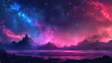 Naklejka premium This captivating image showcases a stunning landscape under a mesmerizing cosmic sky with vibrant shades of blue and pink, reflecting in a tranquil mountain lake