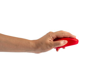 Modern computer red mouse in hand isolated on transparent background