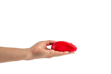 Modern computer red mouse in hand isolated on transparent background