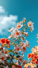 Beautiful cluster of delicate white flowers with warm peach center against soft blue sky Serene and artistic