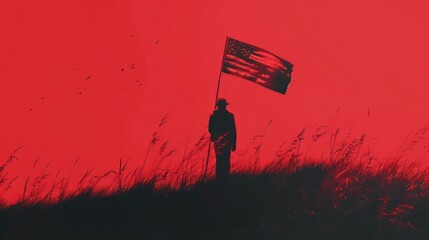 Obraz na płótnie Canvas Silhouette of soldier holding American flag