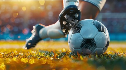 Close-up of soccer players foot in cleats kicking ball during intense football game on field - obrazy, fototapety, plakaty