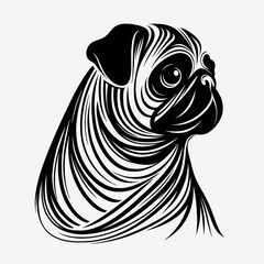 Abstract Minimalist Stroke Line Silhouette of Pug, Black and White, on Plain Background