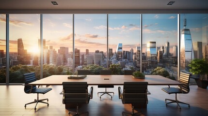 Dynamic business setting: conference room overlooking panoramic megapolis cityscape

