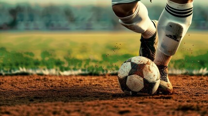 Close-up of a soccer players foot in boots kicking a soccer ball on the field in a sports match