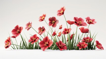 Cute red flowers isolated on white background, style 3D, spring, summer, green
