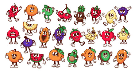 Groovy cartoon fruit and berry characters set. Funny retro fruit mascots, cartoon sticker of strawberry grape banana mango pineapple pear cherry watermelon lemon fig 70s 80s style vector illustration - obrazy, fototapety, plakaty