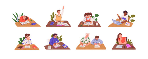Students sit at desk set. Children study, read textbooks, sleep on table at school lesson. Kids write off test, exam, raise hand to ask or answer. Flat isolated vector illustration on white background