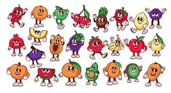 Groovy cartoon fruit and berry characters set. Funny retro fruit mascots, cartoon sticker of strawberry grape banana mango pineapple pear cherry watermelon lemon fig 70s 80s style vector illustration