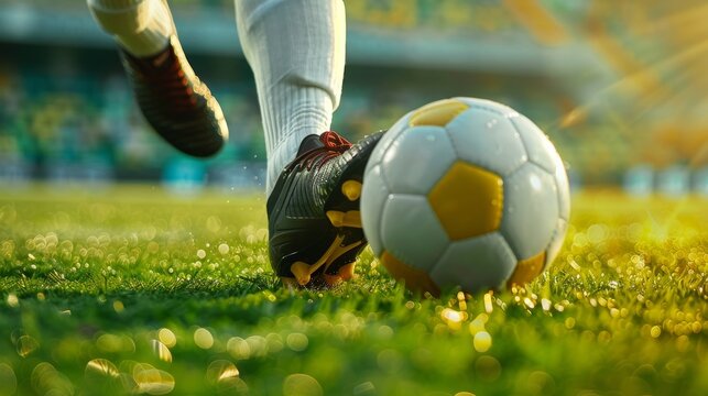 Close-up of a soccer players foot in cleats kicking a soccer ball on the green grass field