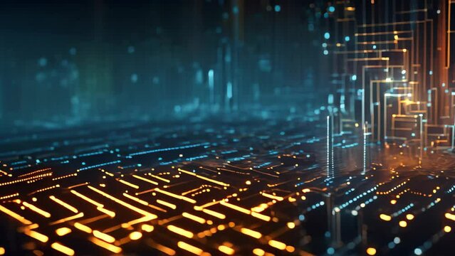 Abstract technology background with binary code and lines. 3D Rendering, Abstract digital binary code flowing on a black background, forming a network system