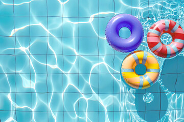 AI generated image, Summer time concept ,Colorful rubber rings floating in bright and clean swimming pool, top view, view from above